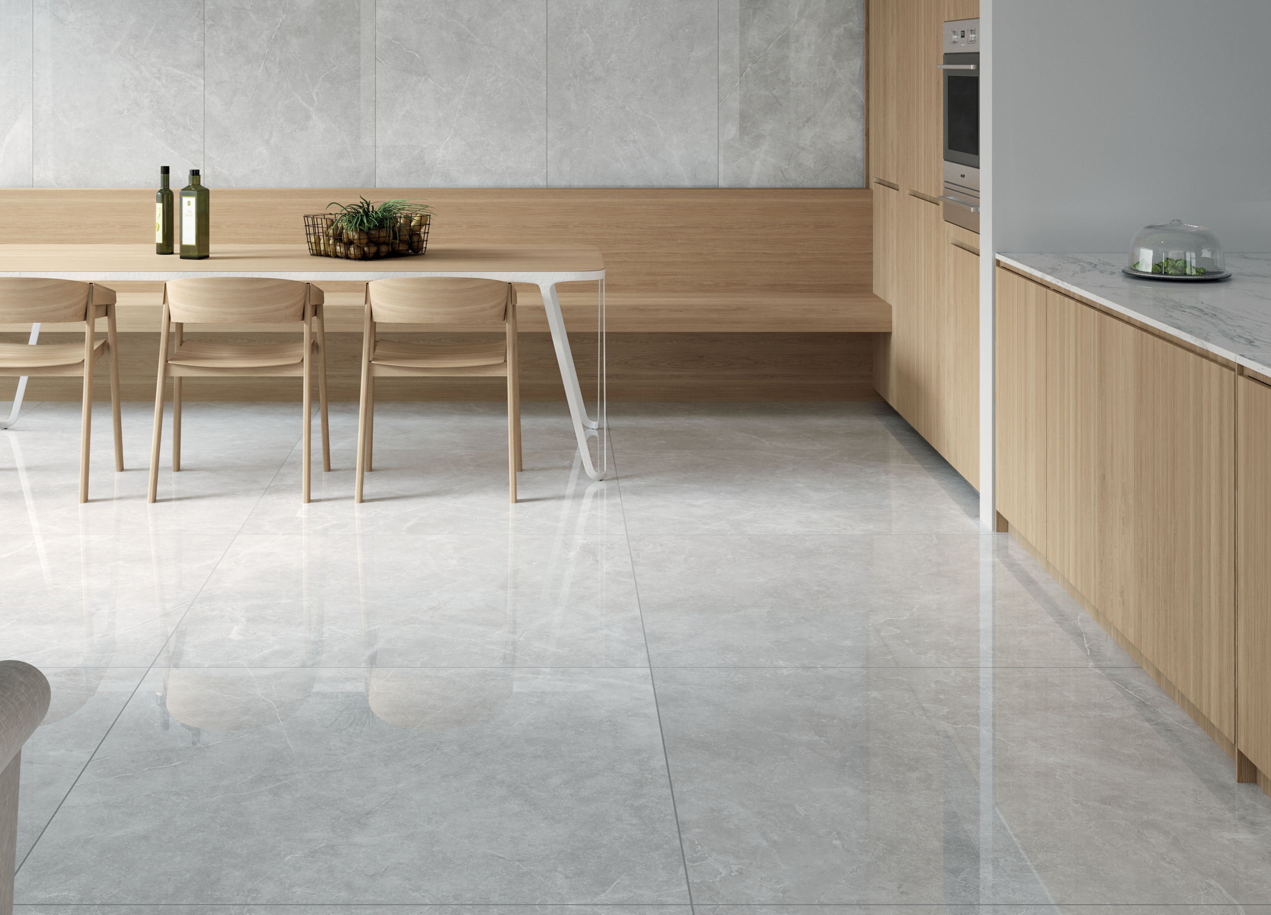 Cocina con recubrimiento en piso y pared con porcelanato Amalfi gris