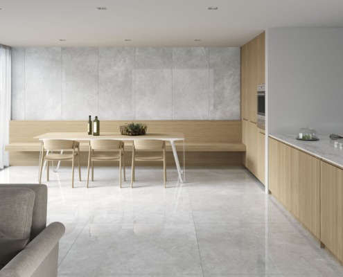 Estancia con piso de porcelanato diseño piedra tecnológica gris